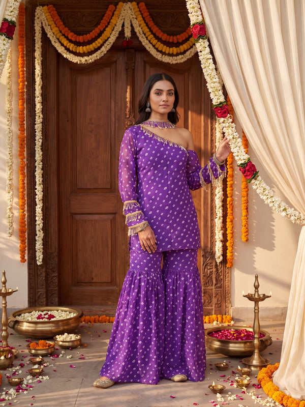 Purple Bandhani One-Shoulder Multi Styling  Kurti Set With Dupatta
