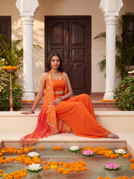 Ombre Bandhani Multi Styling Drape Cape Set with Plazzo anad Choli