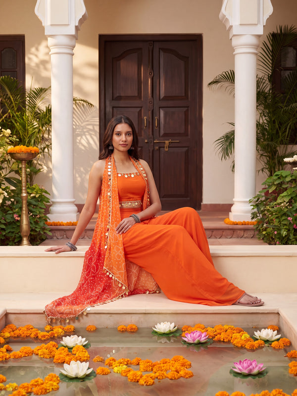 Ombre Bandhani Multi Styling Drape Cape Set with Plazzo anad Choli