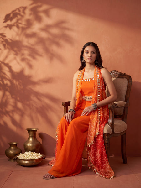 Ombre Bandhani Multi Styling Drape Cape Set with Plazzo anad Choli