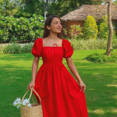 Women's Scarlet Red Puff Sleeve Square Neck Tie-Up Maxi Dress