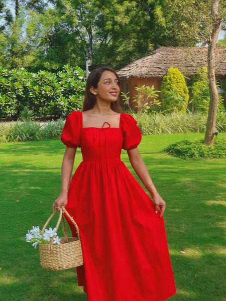 Women's Scarlet Red Puff Sleeve Square Neck Tie-Up Maxi Dress
