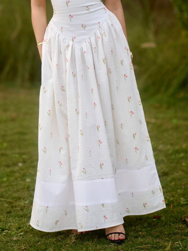 Women’s White Printed Lace-Up Maxi Dress
