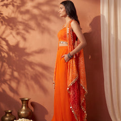 Ombre Bandhani Multi Styling Drape Cape Set with Plazzo anad Choli