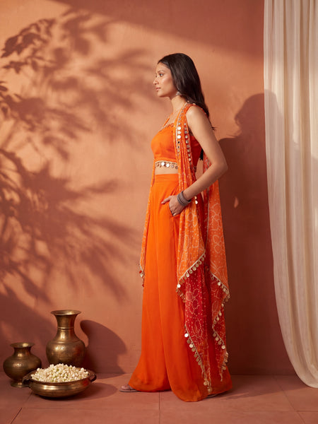 Ombre Bandhani Multi Styling Drape Cape Set with Plazzo anad Choli