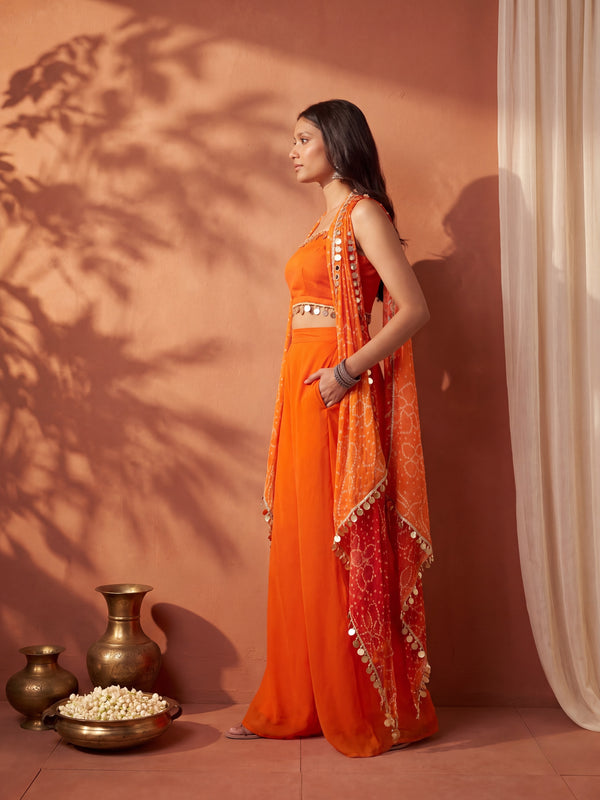 Ombre Bandhani Multi Styling Drape Cape Set with Plazzo anad Choli