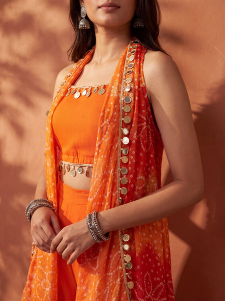 Ombre Bandhani Multi Styling Drape Cape Set with Plazzo anad Choli