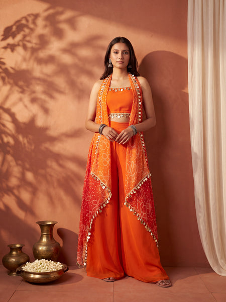 Ombre Bandhani Multi Styling Drape Cape Set with Plazzo anad Choli