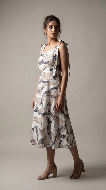 White Cat Printed Midi Dress