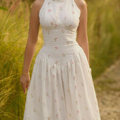 Women’s White Printed Lace-Up Maxi Dress