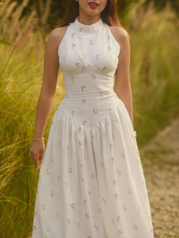 Women’s White Printed Lace-Up Maxi Dress