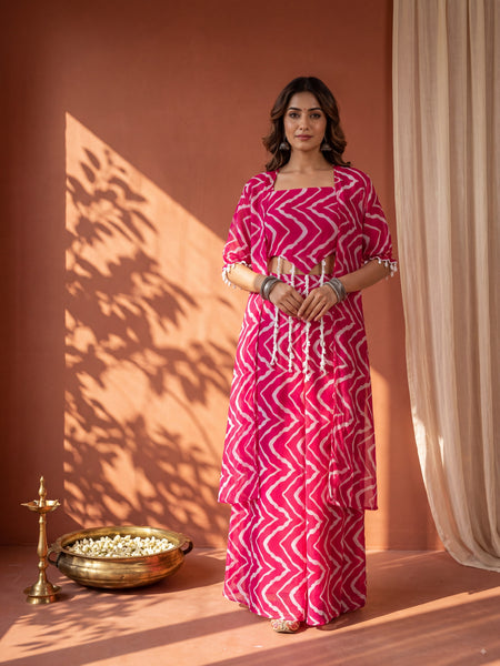 Fuschia Pink Printed  Cape Set with Halter Choli and Pallazo