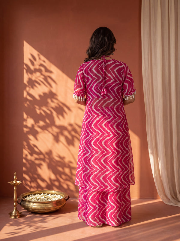 Fuschia Pink Printed  Cape Set with Halter Choli and Pallazo
