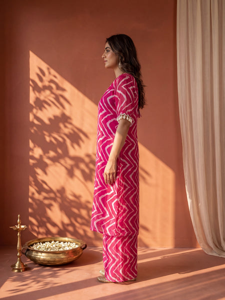 Fuschia Pink Printed  Cape Set with Halter Choli and Pallazo