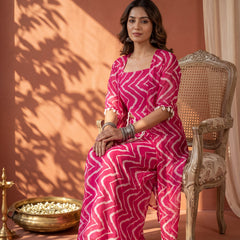 Fuschia Pink Printed  Cape Set with Halter Choli and Pallazo