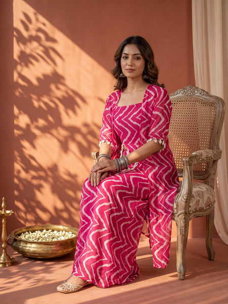 Fuschia Pink Printed  Cape Set with Halter Choli and Pallazo