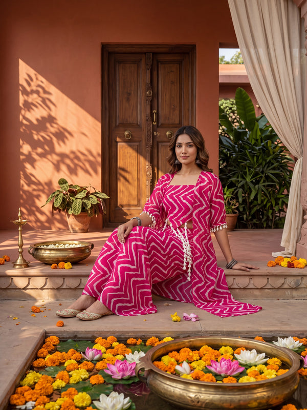 Fuschia Pink Printed  Cape Set with Halter Choli and Pallazo