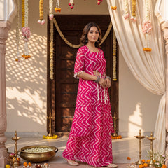 Fuschia Pink Printed  Cape Set with Halter Choli and Pallazo