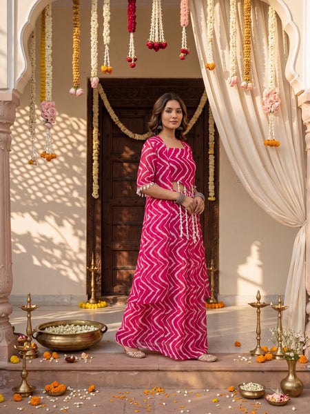 Fuschia Pink Printed  Cape Set with Halter Choli and Pallazo