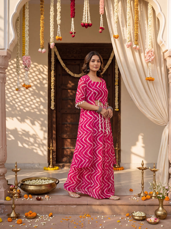Fuschia Pink Printed  Cape Set with Halter Choli and Pallazo