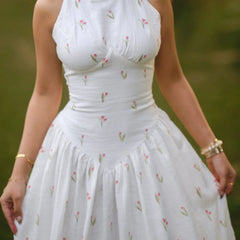 Women’s White Printed Lace-Up Maxi Dress