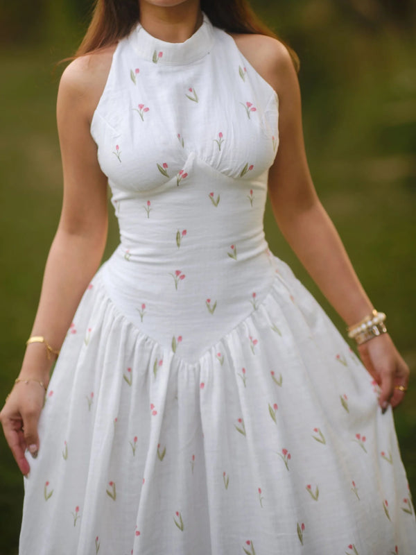 Women’s White Printed Lace-Up Maxi Dress