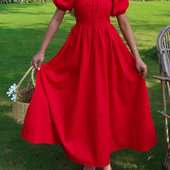 Women's Scarlet Red Puff Sleeve Square Neck Tie-Up Maxi Dress