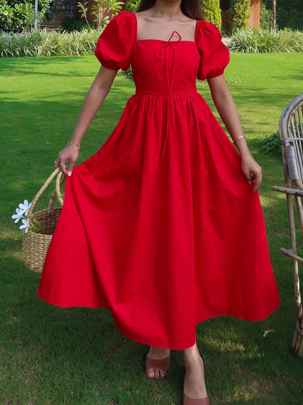 Women's Scarlet Red Puff Sleeve Square Neck Tie-Up Maxi Dress