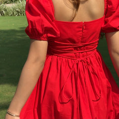 Women's Scarlet Red Puff Sleeve Square Neck Tie-Up Maxi Dress
