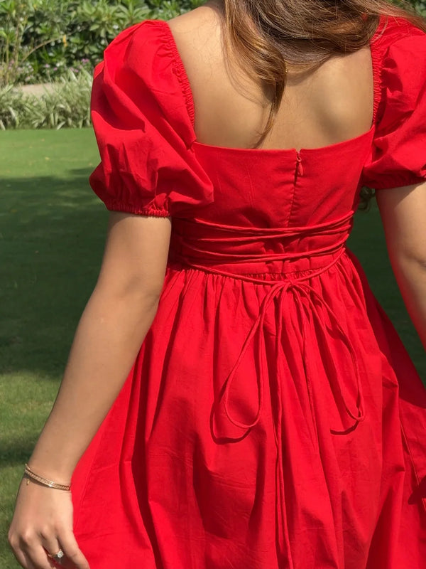 Women's Scarlet Red Puff Sleeve Square Neck Tie-Up Maxi Dress
