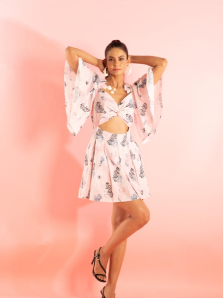 Printed Mini Dress with Ruffled Shoulder