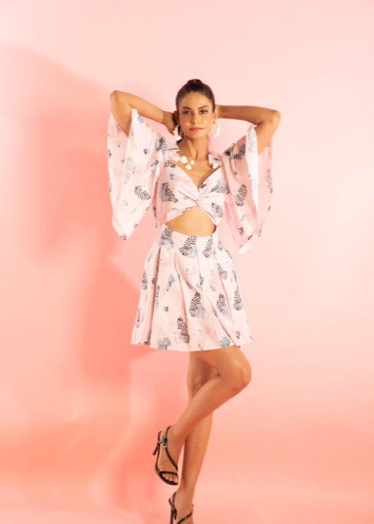 Printed Mini Dress with Ruffled Shoulder