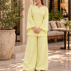 Women’s Pastel Yellow Scallop-Trim Co-Ord Set with Wide-Leg Pants