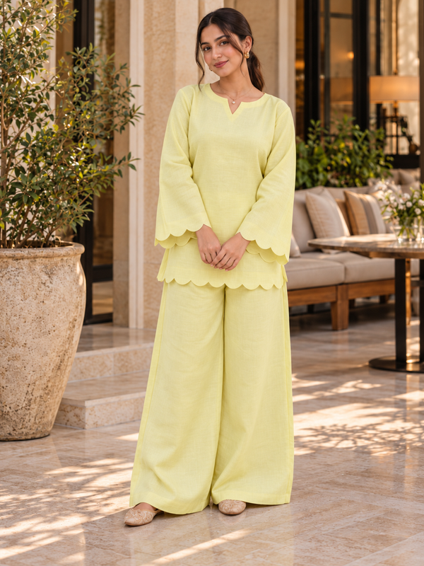 Women’s Pastel Yellow Scallop-Trim Co-Ord Set with Wide-Leg Pants