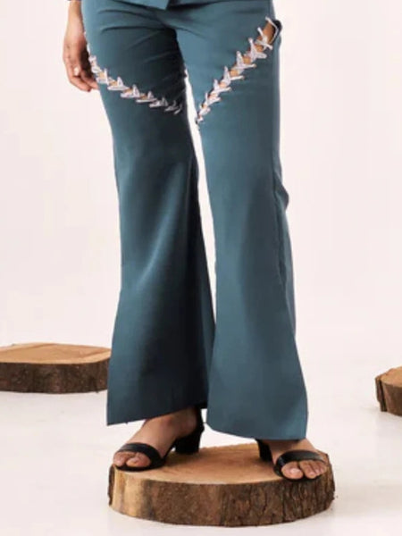Solid embellished blue boot-cut pant