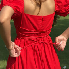 Women's Scarlet Red Puff Sleeve Square Neck Tie-Up Maxi Dress
