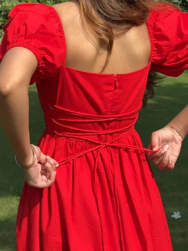 Women's Scarlet Red Puff Sleeve Square Neck Tie-Up Maxi Dress