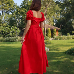 Women's Scarlet Red Puff Sleeve Square Neck Tie-Up Maxi Dress