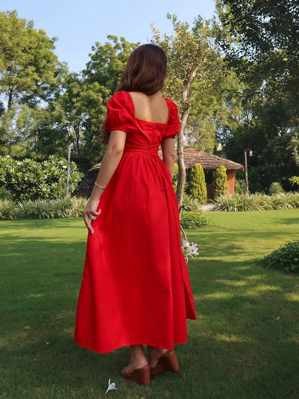 Women's Scarlet Red Puff Sleeve Square Neck Tie-Up Maxi Dress