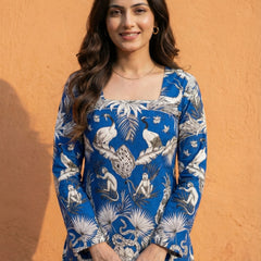 Women Blue Forest Printed Full Sleeve Cotton Short Kurti with Lace-Up Back