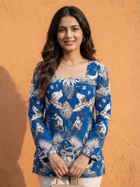 Women Blue Forest Printed Full Sleeve Cotton Short Kurti with Lace-Up Back