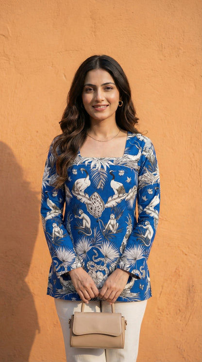 Women Blue Forest Printed Full Sleeve Cotton Short Kurti with Lace-Up Back