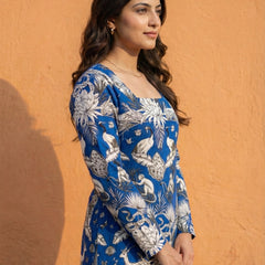 Women Blue Forest Printed Full Sleeve Cotton Short Kurti with Lace-Up Back