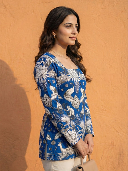 Women Blue Forest Printed Full Sleeve Cotton Short Kurti with Lace-Up Back