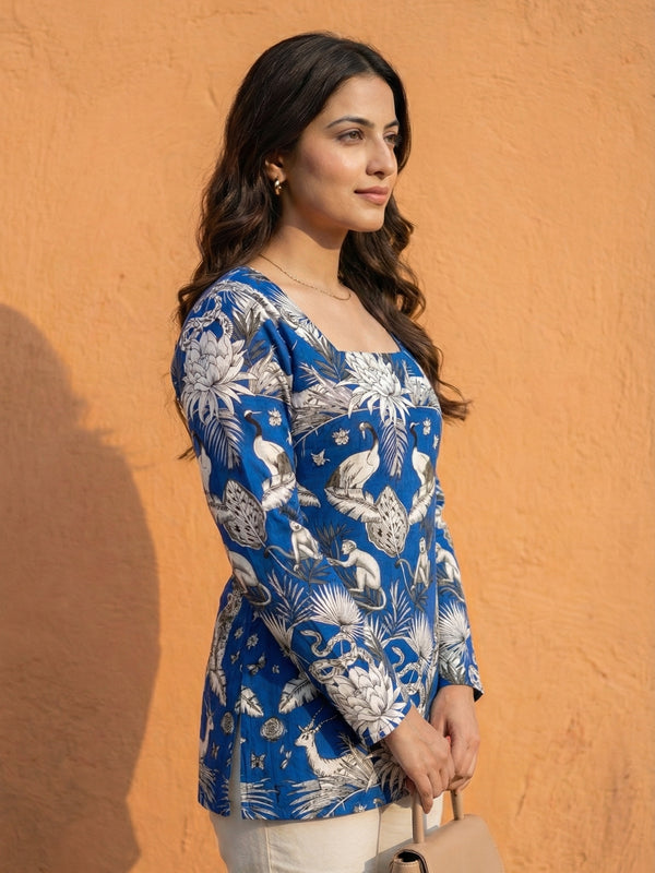 Women Blue Forest Printed Full Sleeve Cotton Short Kurti with Lace-Up Back
