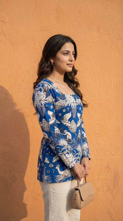 Women Blue Forest Printed Full Sleeve Cotton Short Kurti with Lace-Up Back