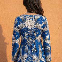 Women Blue Forest Printed Full Sleeve Cotton Short Kurti with Lace-Up Back