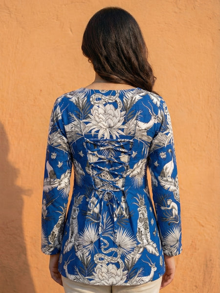 Women Blue Forest Printed Full Sleeve Cotton Short Kurti with Lace-Up Back