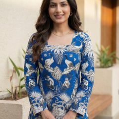 Women Blue Forest Printed Full Sleeve Cotton Short Kurti with Lace-Up Back