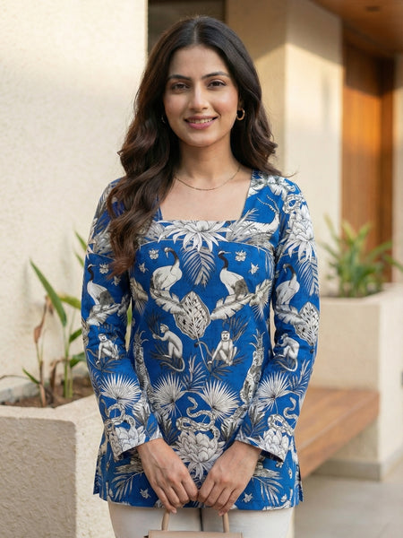 Women Blue Forest Printed Full Sleeve Cotton Short Kurti with Lace-Up Back